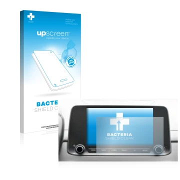 Face avant d’un emballage produit avec le logo de la marque upscreen. À côté, l’appareil Hyundai Kona 2021 Infotainment System