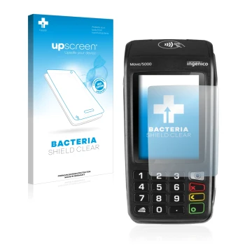 Face avant d’un emballage produit avec le logo de la marque upscreen. À côté, l’appareil ingenico Move 5000 est représenté ave