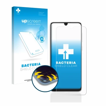 Face avant d’un emballage produit avec le logo de la marque upscreen. À côté, l’appareil Samsung Galaxy A03 est représenté ave