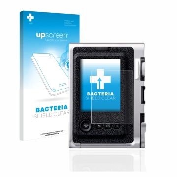 Face avant d’un emballage produit avec le logo de la marque upscreen. À côté, l’appareil Fujifilm Instax Mini Evo est représen