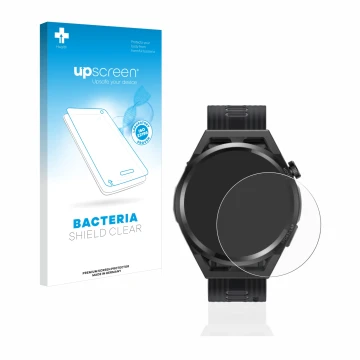 Face avant d’un emballage produit avec le logo de la marque upscreen. À côté, l’appareil Huawei Watch GT Runner est représenté