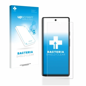 Face avant d’un emballage produit avec le logo de la marque upscreen. À côté, l’appareil Google Pixel 6a est représenté avec l