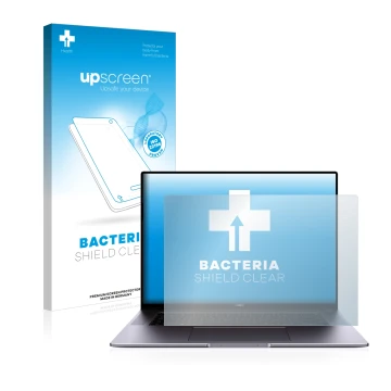 Face avant d’un emballage produit avec le logo de la marque upscreen. À côté, l’appareil Huawei MateBook 16 est représenté ave