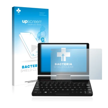 Face avant d’un emballage produit avec le logo de la marque upscreen. À côté, l’appareil GPD Pocket 3 est représenté avec la p