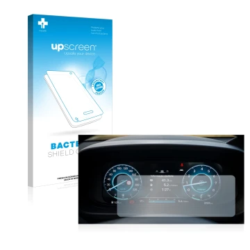 Face avant d’un emballage produit avec le logo de la marque upscreen. À côté, l’appareil Hyundai i20 BC3 2021 Cockpit est repr