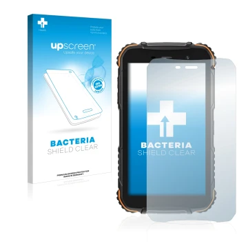 Face avant d’un emballage produit avec le logo de la marque upscreen. À côté, l’appareil Doogee S35T est représenté avec la pr