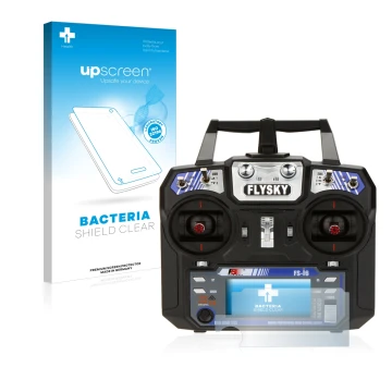 Face avant d’un emballage produit avec le logo de la marque upscreen. À côté, l’appareil FlySky FS-i6 est représenté avec la p