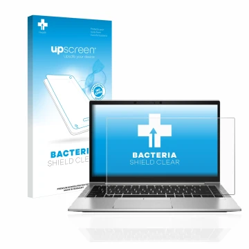 Face avant d’un emballage produit avec le logo de la marque upscreen. À côté, l’appareil HP EliteBook 840 G8 est représenté av