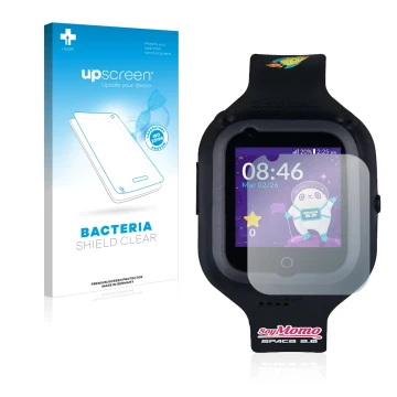 Face avant d’un emballage produit avec le logo de la marque upscreen. À côté, l’appareil SoyMomo Space 2.0 est représenté avec