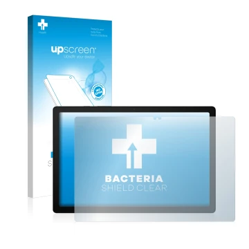 Face avant d’un emballage produit avec le logo de la marque upscreen. À côté, l’appareil Samsung Galaxy Tab A8 LTE est représe