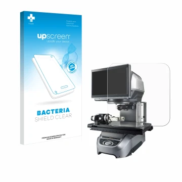 Face avant d’un emballage produit avec le logo de la marque upscreen. À côté, l’appareil Keyence IM-7020 Dessus en verre est r