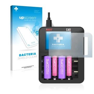 Face avant d’un emballage produit avec le logo de la marque upscreen. À côté, l’appareil ISDT C4 Evo est représenté avec la pr