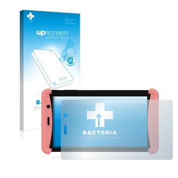 Face avant d’un emballage produit avec le logo de la marque upscreen. À côté, l’appareil Kurio Tab Lite 2 est représenté avec 