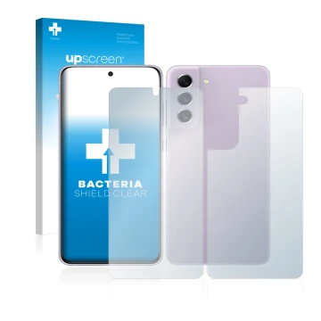 Face avant d’un emballage produit avec le logo de la marque upscreen. À côté, l’appareil Samsung Galaxy S21 FE 5G (Avant+Arriè