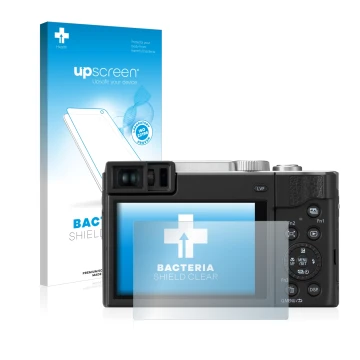 Face avant d’un emballage produit avec le logo de la marque upscreen. À côté, l’appareil Panasonic Lumix DC-TZ95 est représent