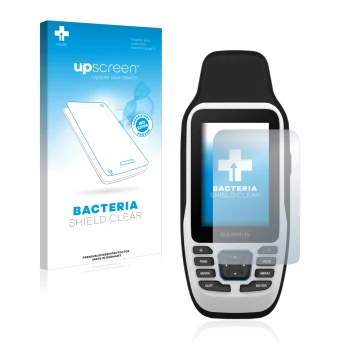 Face avant d’un emballage produit avec le logo de la marque upscreen. À côté, l’appareil Garmin GPSMAP 79s est représenté avec