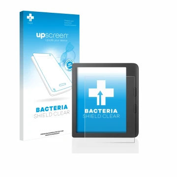 Face avant d’un emballage produit avec le logo de la marque upscreen. À côté, l’appareil Tolino Vision 6 est représenté avec l