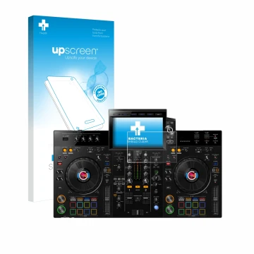 Face avant d’un emballage produit avec le logo de la marque upscreen. À côté, l’appareil Pioneer XDJ-RX3 est représenté avec l