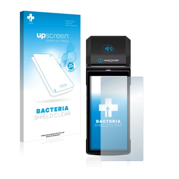 Face avant d’un emballage produit avec le logo de la marque upscreen. À côté, l’appareil Ready2order ReadyGo est représenté av