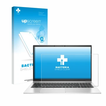 Face avant d’un emballage produit avec le logo de la marque upscreen. À côté, l’appareil HP EliteBook 850 G8 est représenté av