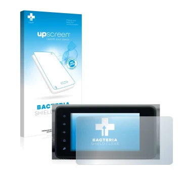 Face avant d’un emballage produit avec le logo de la marque upscreen. À côté, l’appareil Dacia Sandero 2021-2025 Media Display