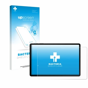 Face avant d’un emballage produit avec le logo de la marque upscreen. À côté, l’appareil Samsung Galaxy Tab S8 Plus WiFi est r