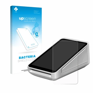 Face avant d’un emballage produit avec le logo de la marque upscreen. À côté, l’appareil Square Terminal est représenté avec l