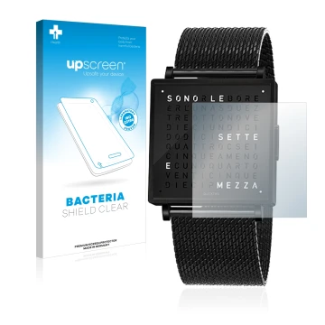 Face avant d’un emballage produit avec le logo de la marque upscreen. À côté, l’appareil Qlocktwo W35 est représenté avec la p