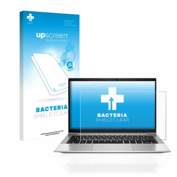 Face avant d’un emballage produit avec le logo de la marque upscreen. À côté, l’appareil HP EliteBook 830 G8 est représenté av