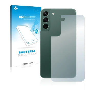 Face avant d’un emballage produit avec le logo de la marque upscreen. À côté, l’appareil Samsung Galaxy S22 Plus 5G (Arrière) 