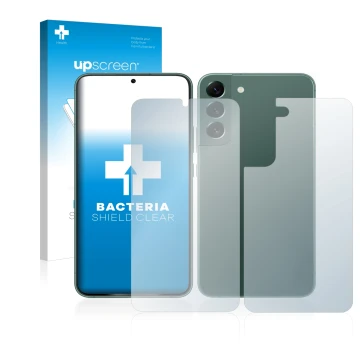 Face avant d’un emballage produit avec le logo de la marque upscreen. À côté, l’appareil Samsung Galaxy S22 Plus 5G (Avant+Arr