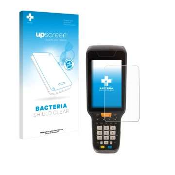 Face avant d’un emballage produit avec le logo de la marque upscreen. À côté, l’appareil Datalogic Skorpio X5 est représenté a