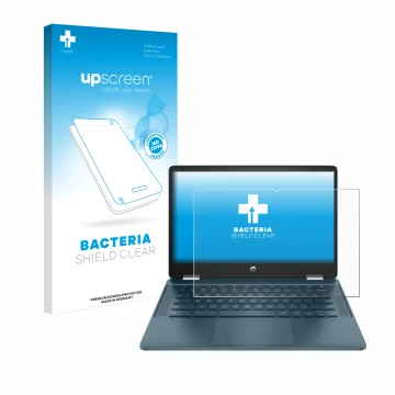 Face avant d’un emballage produit avec le logo de la marque upscreen. À côté, l’appareil HP Chromebook x360 (14b-cbX) est repr