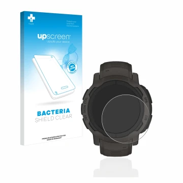 Face avant d’un emballage produit avec le logo de la marque upscreen. À côté, l’appareil Garmin Instinct 2 est représenté avec