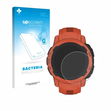 Face avant d’un emballage produit avec le logo de la marque upscreen. À côté, l’appareil Garmin Instinct 2S est représenté ave
