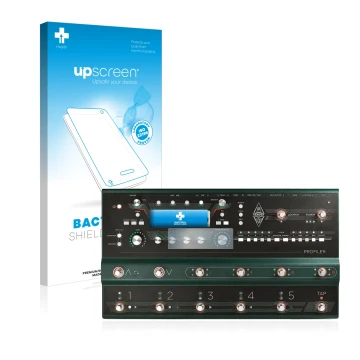 Face avant d’un emballage produit avec le logo de la marque upscreen. À côté, l’appareil Kemper Profiler Stage est représenté 