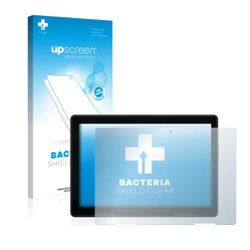 Face avant d’un emballage produit avec le logo de la marque upscreen. À côté, l’appareil MEDION Lifetab E10814 est représenté 