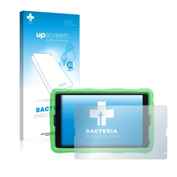 Face avant d’un emballage produit avec le logo de la marque upscreen. À côté, l’appareil MEDION Lifetab E10440 Kids est représ