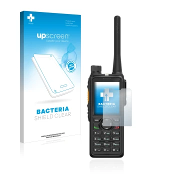 Face avant d’un emballage produit avec le logo de la marque upscreen. À côté, l’appareil Hytera HP785 est représenté avec la p