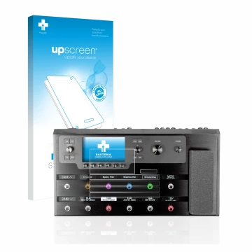 Face avant d’un emballage produit avec le logo de la marque upscreen. À côté, l’appareil Line 6 Helix Floor est représenté ave