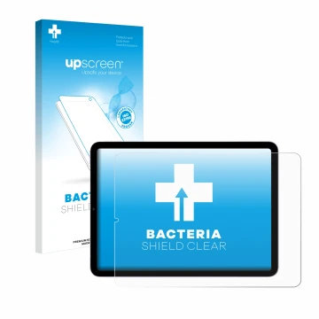 Face avant d’un emballage produit avec le logo de la marque upscreen. À côté, l’appareil Apple iPad Air 5 WiFi 2022 (5ème Gen.