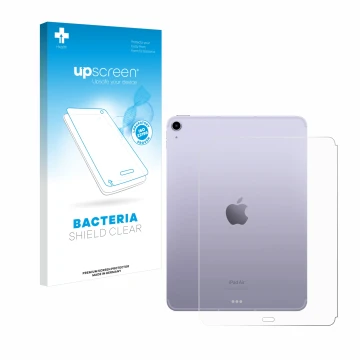 Face avant d’un emballage produit avec le logo de la marque upscreen. À côté, l’appareil Apple iPad Air 5 WiFi 2022 (Arrière, 
