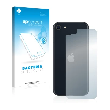 Face avant d’un emballage produit avec le logo de la marque upscreen. À côté, l’appareil Apple iPhone SE 3 2022 (Arrière) est 