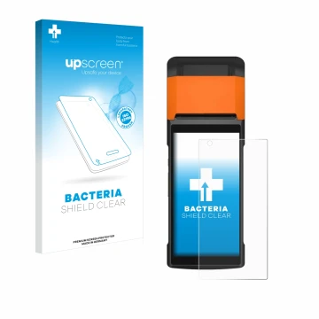 Face avant d’un emballage produit avec le logo de la marque upscreen. À côté, l’appareil Sunmi V2s est représenté avec la prot