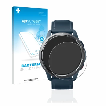 Face avant d’un emballage produit avec le logo de la marque upscreen. À côté, l’appareil Xiaomi Watch S1 Active est représenté