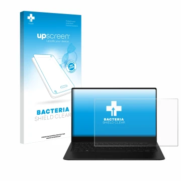 Face avant d’un emballage produit avec le logo de la marque upscreen. À côté, l’appareil Samsung Galaxy Book2 Pro 13.3