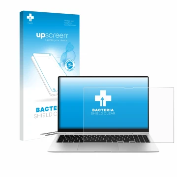 Face avant d’un emballage produit avec le logo de la marque upscreen. À côté, l’appareil Samsung Galaxy Book2 Pro 360 15.6