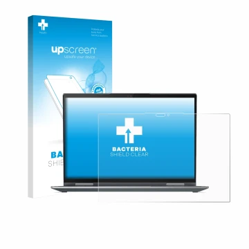 Face avant d’un emballage produit avec le logo de la marque upscreen. À côté, l’appareil Lenovo ThinkPad X1 Yoga Gen 7 est rep