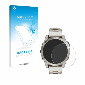 Face avant d’un emballage produit avec le logo de la marque upscreen. À côté, l’appareil Garmin D2 Mach 1 est représenté avec 