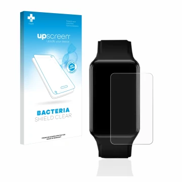Face avant d’un emballage produit avec le logo de la marque upscreen. À côté, l’appareil Oppo Watch Free est représenté avec l